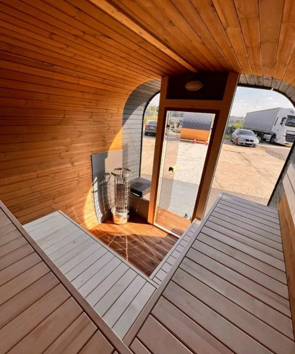 Moderne Buet Tønde Sauna L Formet – Brændeovn/EL – 8/9 Per - Image 2
